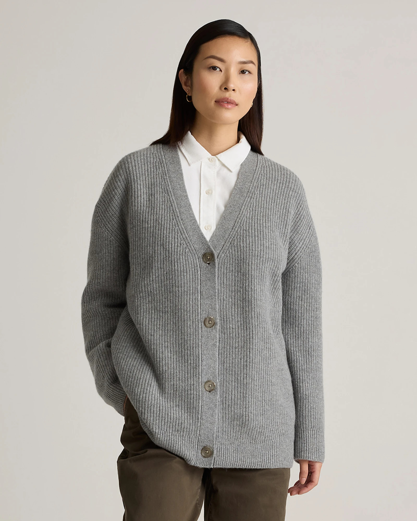 Mongolian Cashmere Oversized Boyfriend Cardigan Sweater in Heather Grey | Quince