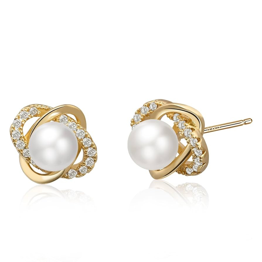 Four Leaf Clover Pearl Earrings-14K Gold Plated 925 Sterling Silver Pearl Stud Earrings Small Dai... | Amazon (US)