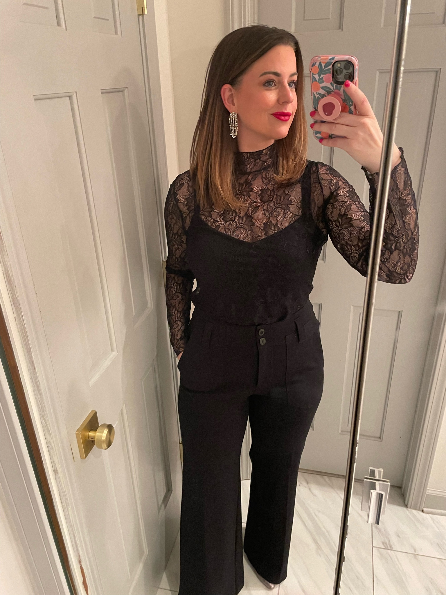 Dress it up or down, this top is good for layering under sweaters - or would look so good with a black bra alone! These Maeve black flares are so so good! 
#HOCwinter 

#LTKSeasonal #LTKmidsize #LTKHoliday