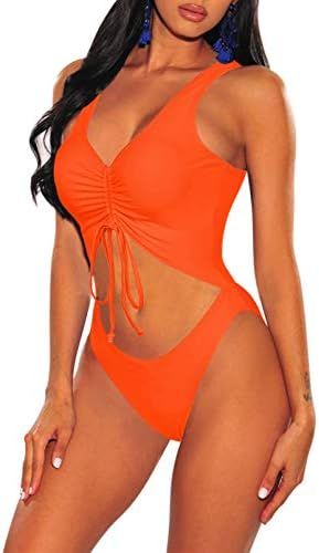 VamJump Womens V Neck One Piece Bathing Suit Tie Ruched Cut Out Swimwear High Cut Monokini | Amazon (US)