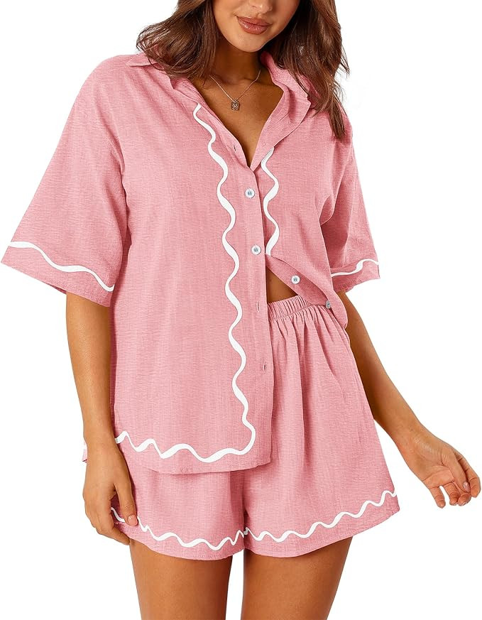 PRETTYGARDEN Women's Casual 2 Piece Outfits Summer Button Down Shirts Tops and Lounge Shorts Paja... | Amazon (US)