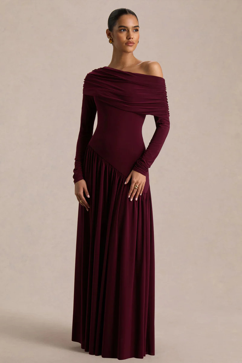 Farah  Burgundy Asymmetric-Neck Maxi Dress With Drop Waist And Ruched Detailing | Club L London