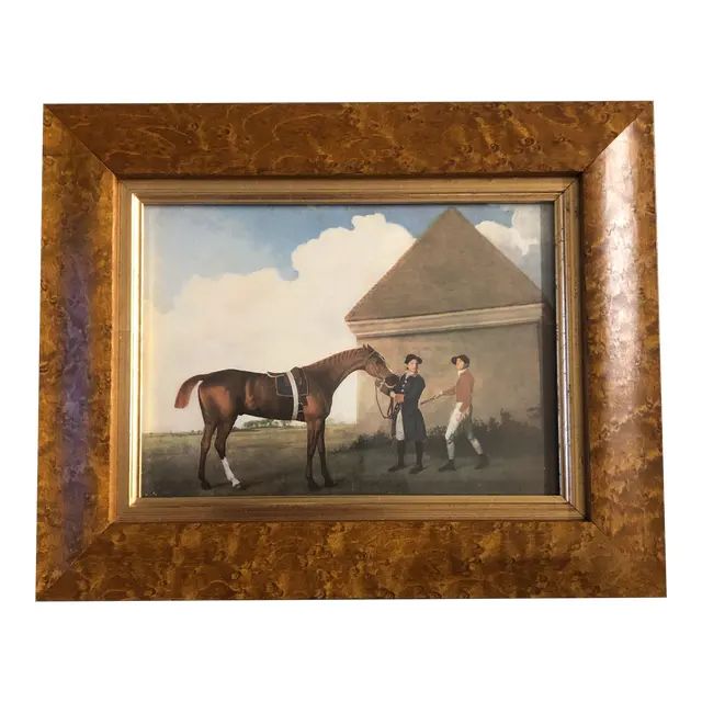 Vintage English Traditional Equestrian Print Burled Wood Frame | Chairish