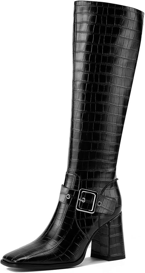 Knee High Boots for Women Chunky Heel Square Toe Tall Boots Wide Calf Fashion with Side Zipper Bu... | Amazon (US)