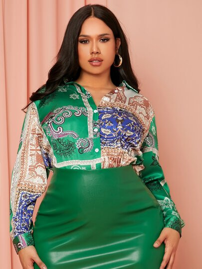 SHEIN SXY Plus Scarf Print Satin Shirt | SHEIN