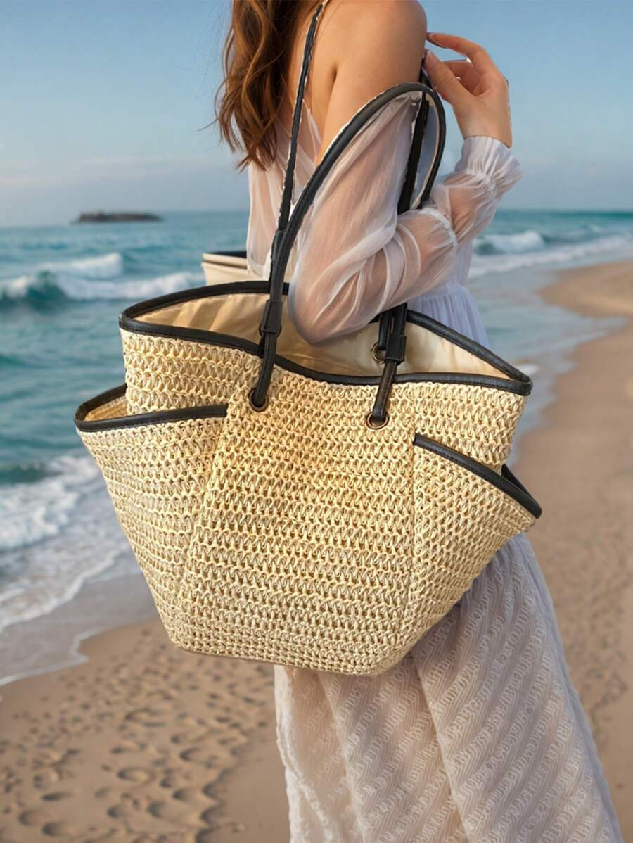 Summer Straw Woven Beach Bag, Large Capacity Tote Bag, Vegetable Basket Style, Hand-Held Bag, Hol... | SHEIN