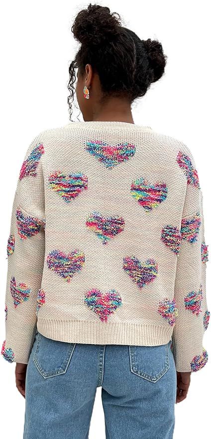 Verdusa Women's Drop Shoulder Long Sleeve Heart Print Sweater Knit Pullovers Top | Amazon (US)