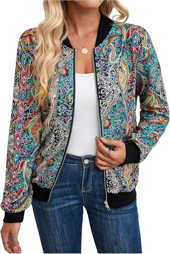 MakeMeChic Women's Paisley Print Collar Long Sleeve Zip Up Baseball Bomber Jacket Coats | Amazon (US)