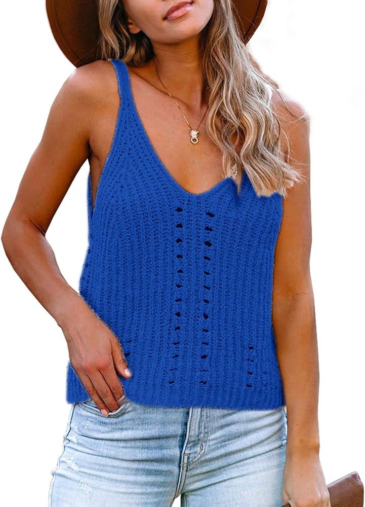 Flawerwumen Womens V Neck Tank Tops Sweater Vest Knit Sleeveless Strappy Casual Sheer Pullover Sweat | Amazon (US)
