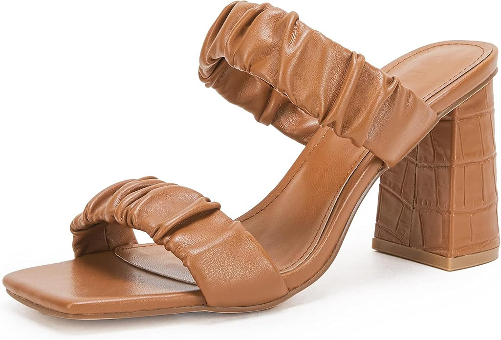 Womens Ruched Slides Sandals Double Strap Square Open Toe Chunky Block Heeled Slip On Backless Su... | Amazon (US)