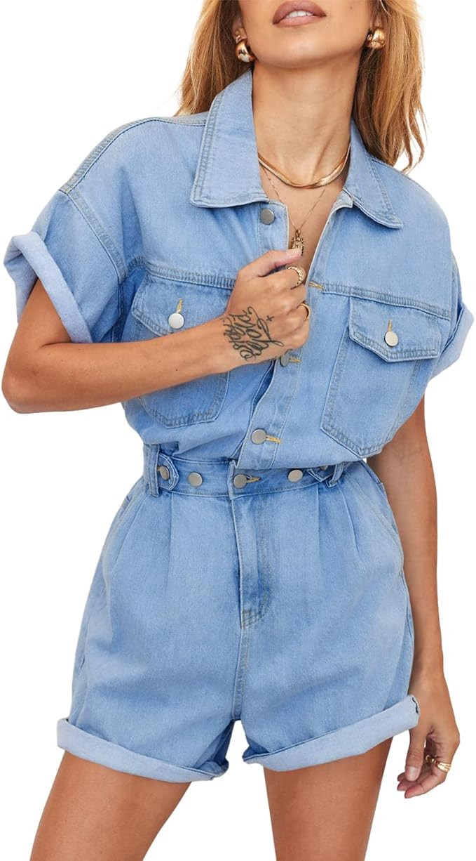 Cicy Bell Women's Utility Denim Rompers Short Sleeve Button Down Jeans Short Jumpsuits With Pocke... | Amazon (US)