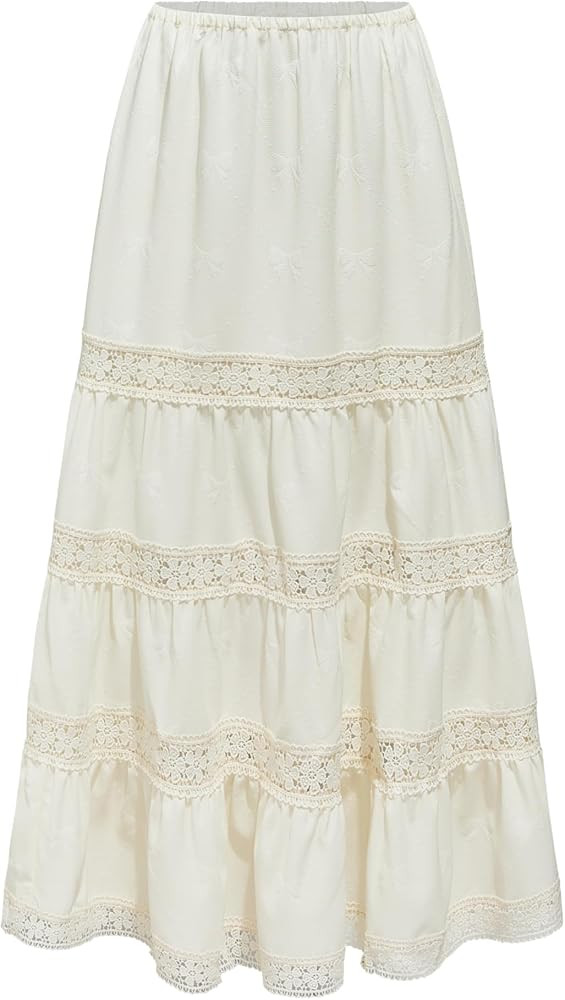 CIDER Santorini Beach Vacation Woven Mid Rise Floral Ruffle Hem Tiered Maxi Skirt | Amazon (US)