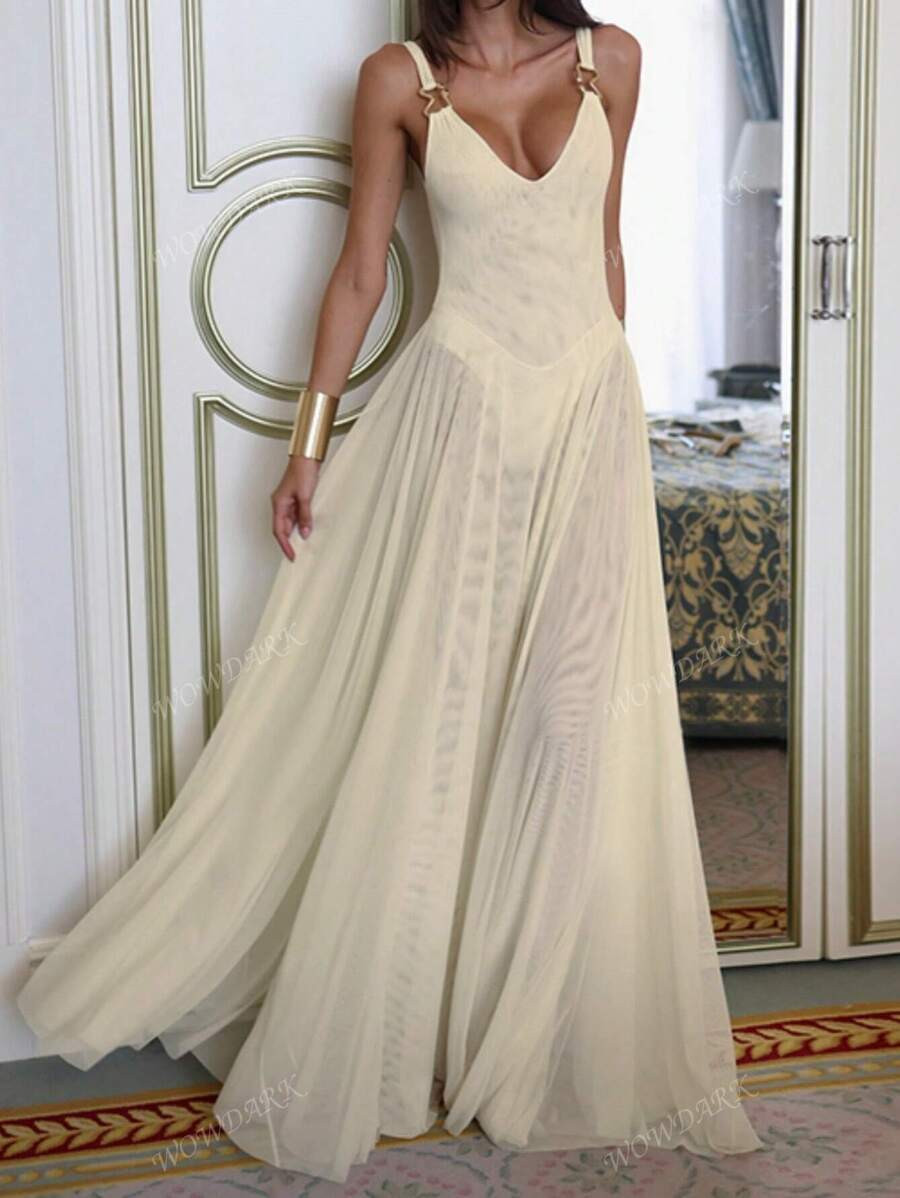 WOWDARK Women's Summer V-Neck Vacation Mesh A-Line Camisole Dress | SHEIN