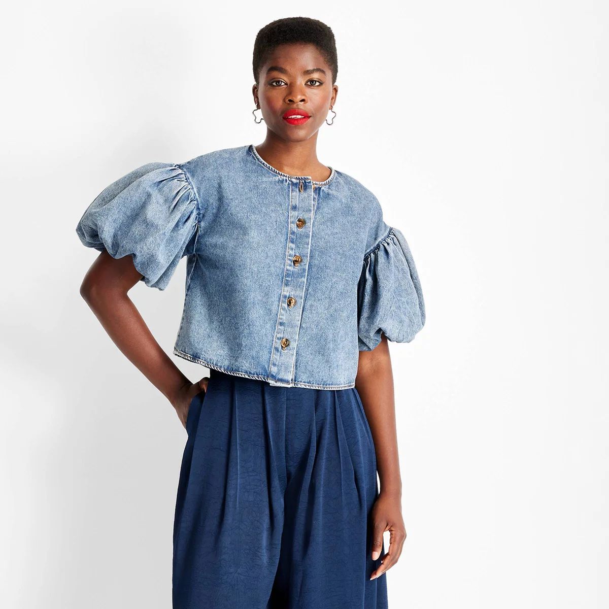 Women's Puff Short Sleeve Denim Top - Future Collective Medium Wash | Target