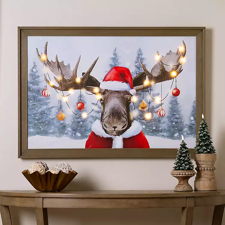 New! LED Steve the Santa Moose Framed Canvas Art Print | Kirklands