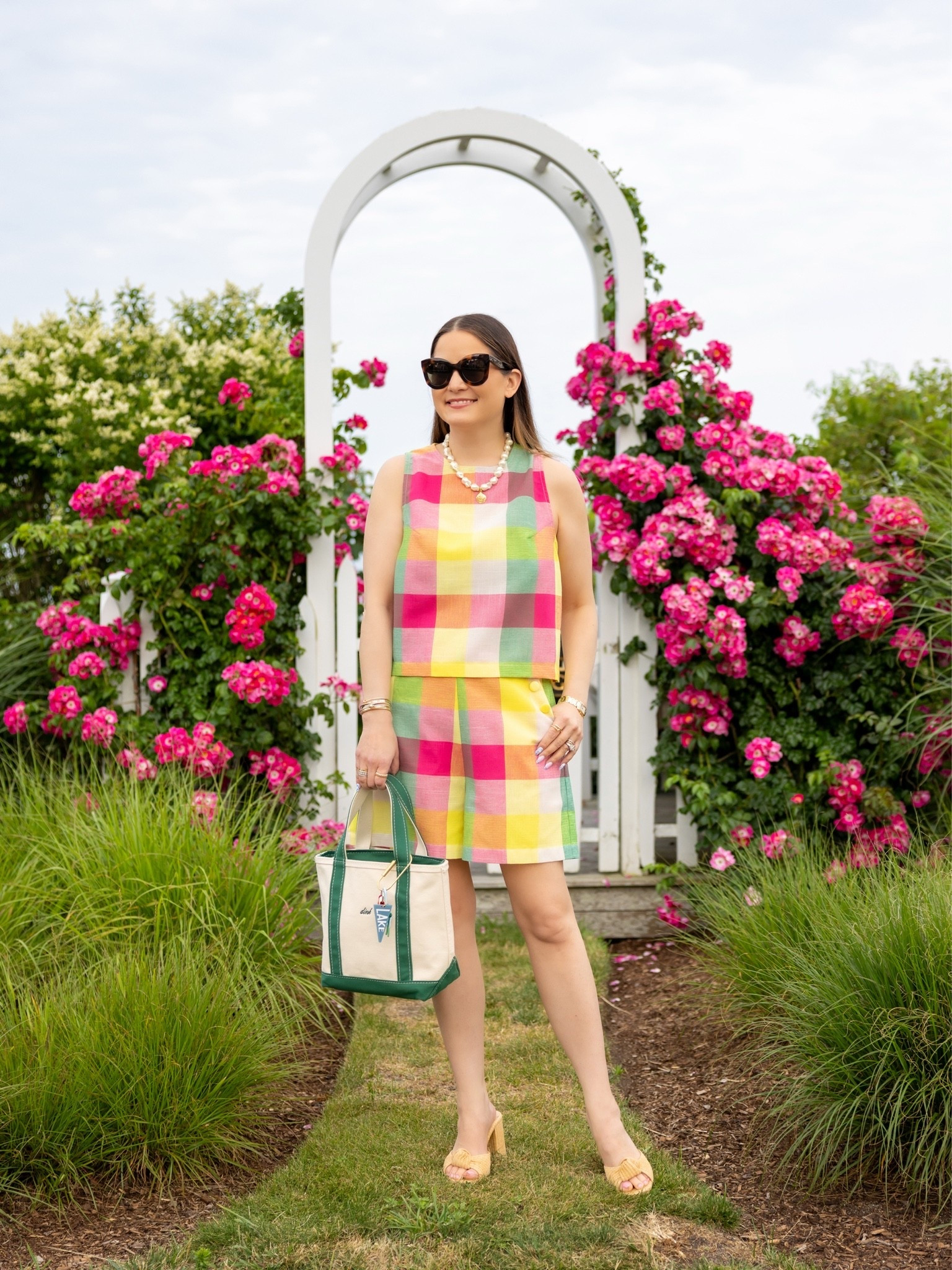 A pastel madras short set from Red Dress paired with a green LL Bean Boat and Tote bag, raffia Tuckernuck mules, and a J. Crew pearl necklace

#LTKootd #LTKSeasonal #LTKOver40