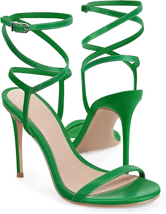 Coutgo Womens Strappy Lace up Heels Sandals Sexy High Heeled Ankle Strap Summer Dress Shoes, Gree... | Amazon (US)