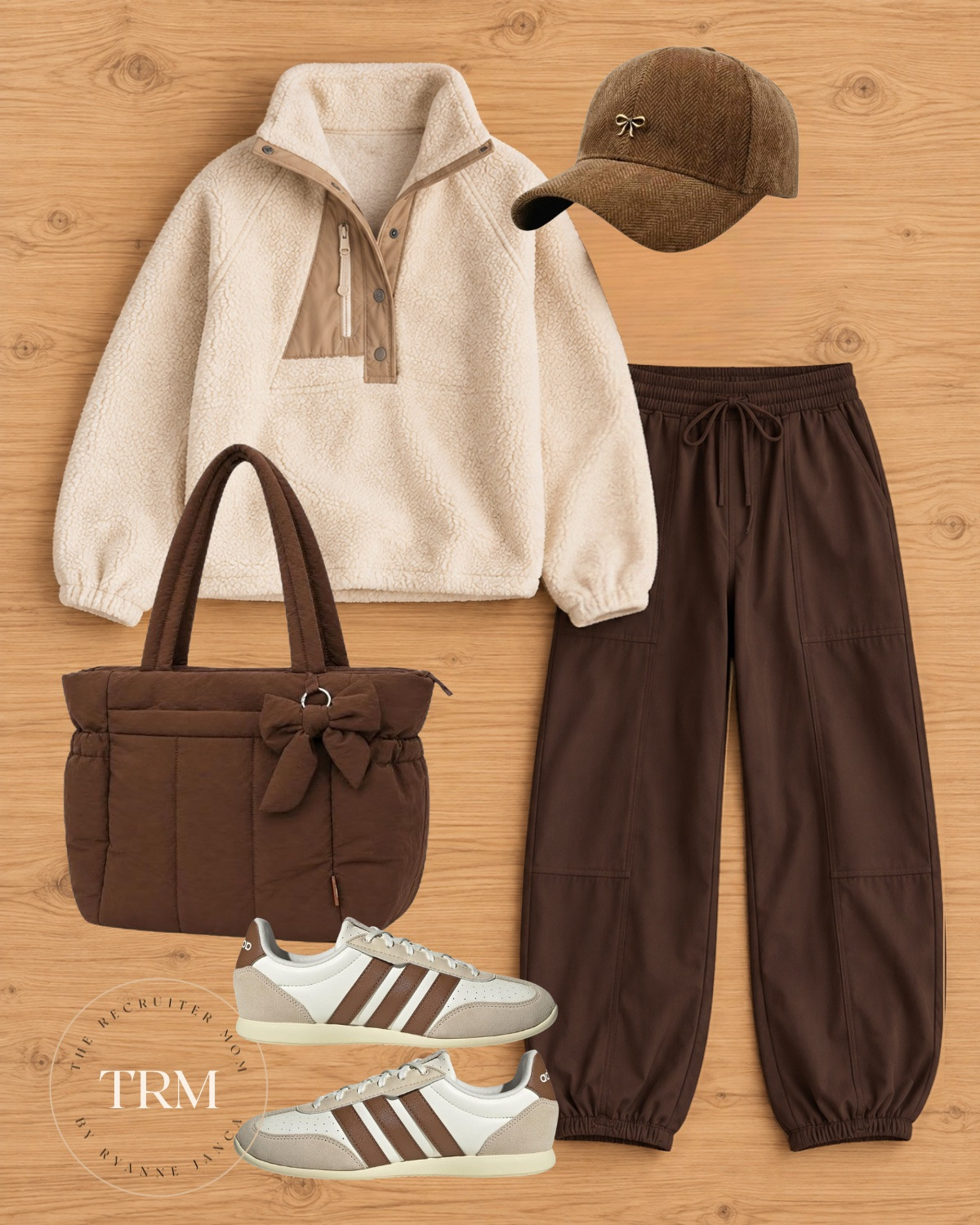 Sherpa pullover + brown parachute pants 🤎 The coziest neutral athleisure look! Obsessed with the quilted bow tote and corduroy bow cap 🎀

Sizing: Pullover | Pants | Sneakers 

 #LTKover40 #LTKstyletip #LTKmidsize #LTKactive
