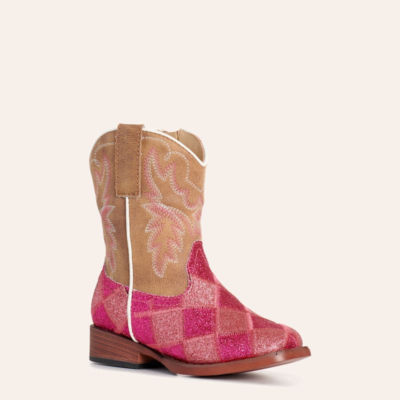 Roper Toddler Girls' Pink Checkered & Brown Faux Leather Square Toe Cowboy Boots | Cavender's