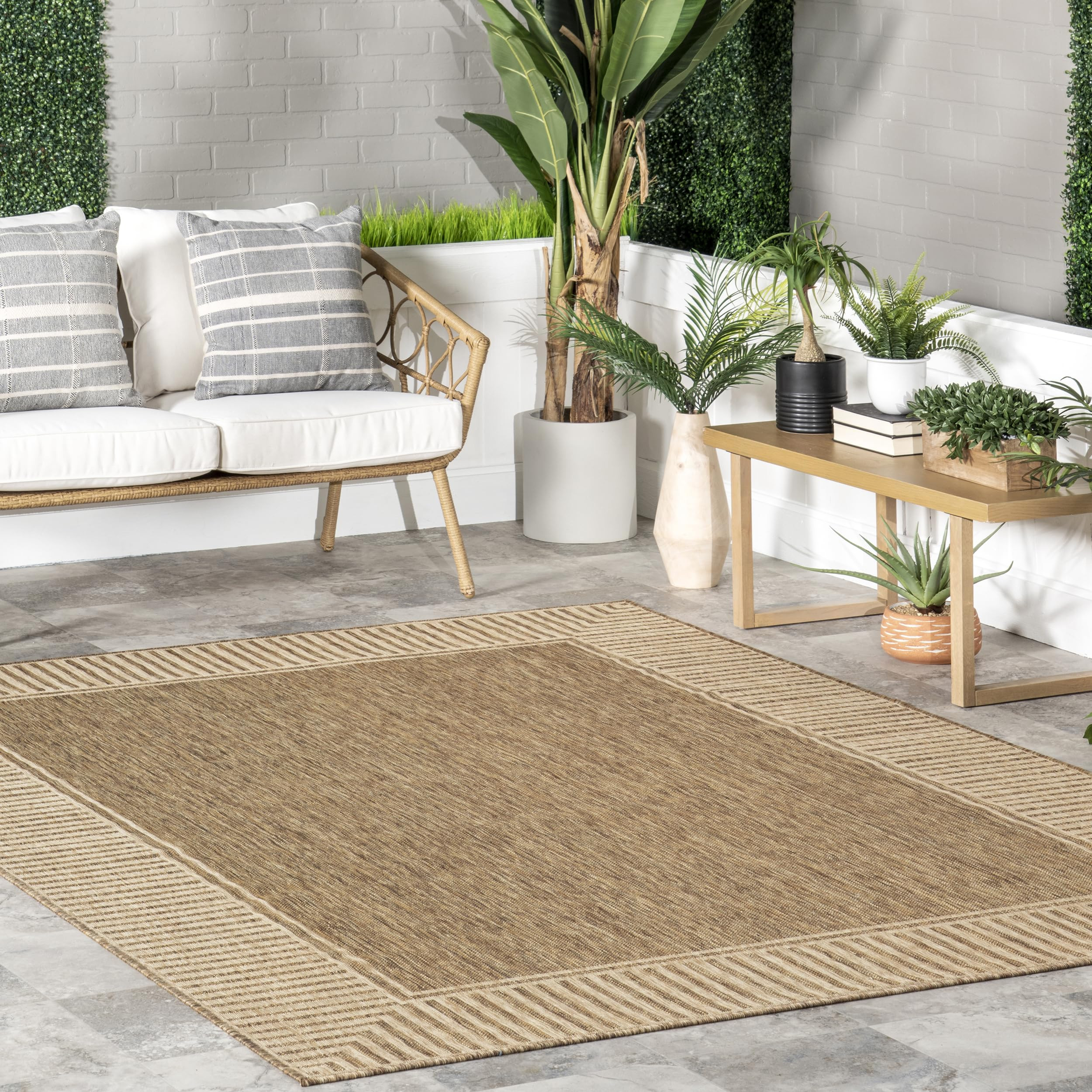 nuLOOM 2' x 3' Outdoor Area Rug, Casual Design With Striped Border, Stain Resistant, Highly Durable, For Patio, Balcony, Bedroom, Living Room, Dining Room, Bathroom, Light Brown | Amazon (US)