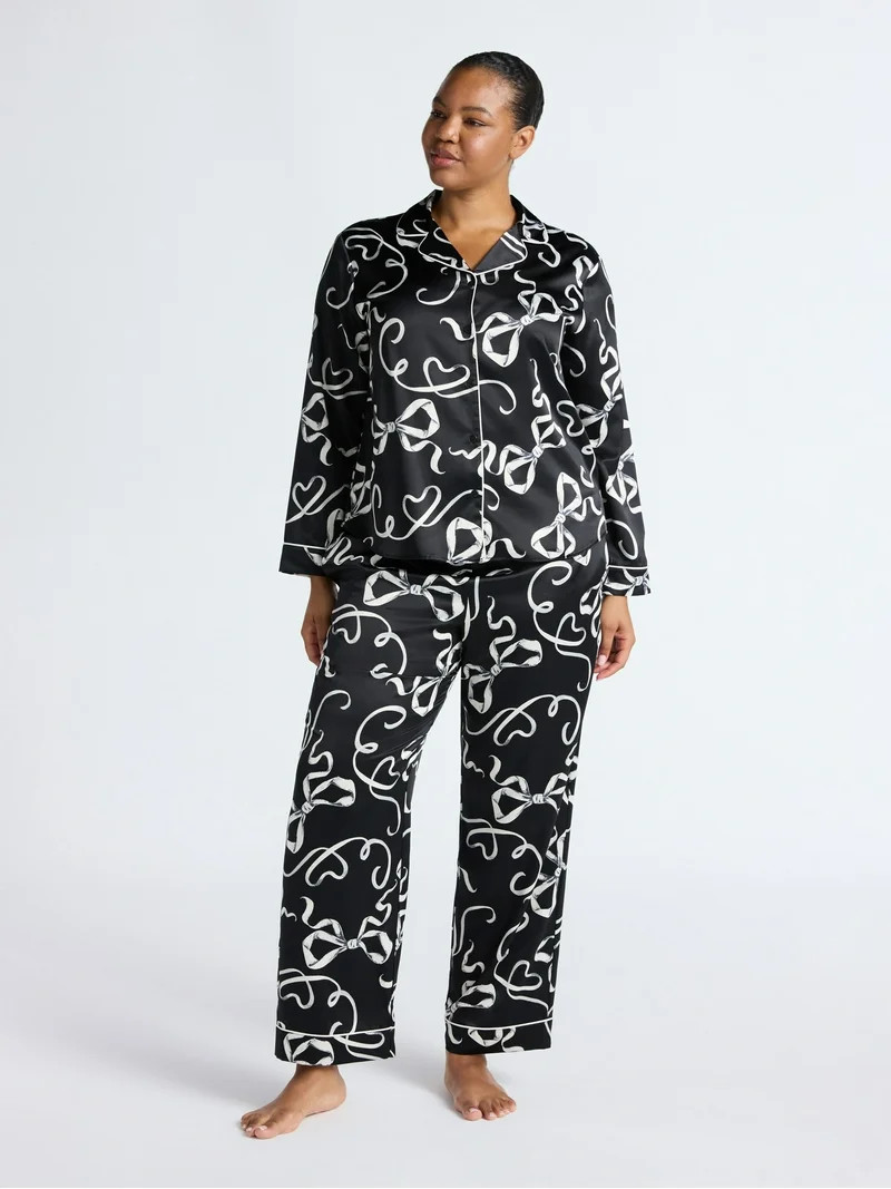 Joyspun Women’s Stretch Satin Notch Long Sleeve Top and Pants Pajama Set, 2-Piece, Sizes XS-3X | Walmart (US)