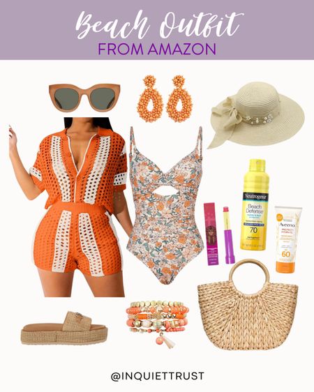 This floral orange one-piece swimsuit paired with this woven cover-up looks perfect for summer! Accesorize with some coral oval hoop earrings, white straw hat, and woven tote bag! Don't forget to bring some sunscreen! 
#capsulewardobe #summerfashion #resortwear #vacationlook

#LTKShoeCrush #LTKStyleTip #LTKSeasonal