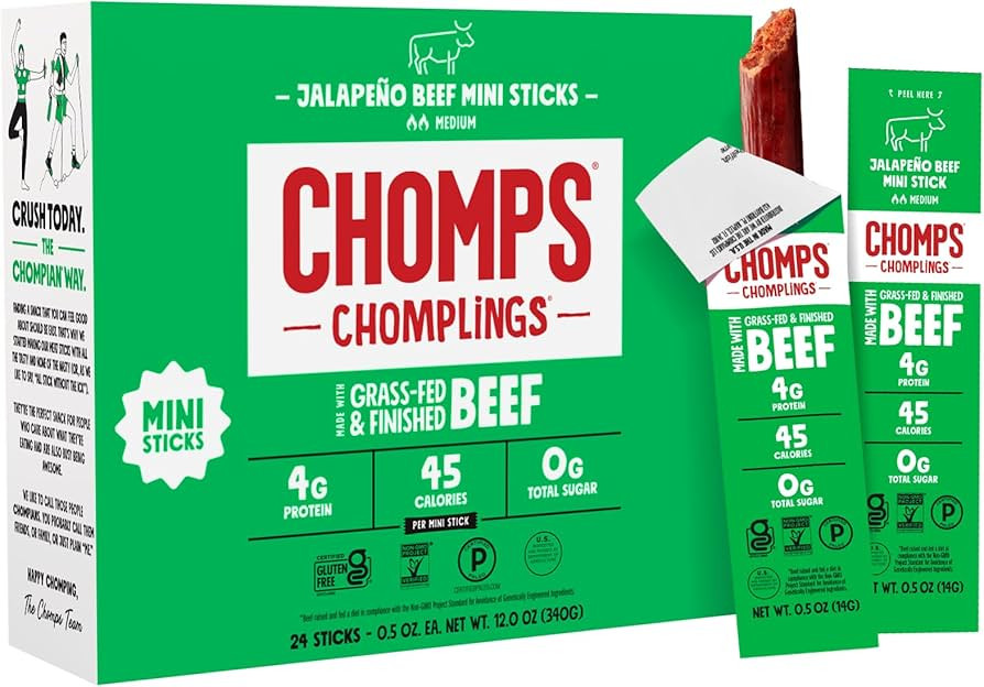 Chomps Jalape\u00f1o Beef Chomplings, Grass-Fed & Finished, 24ct, Protein Snack | Amazon (US)