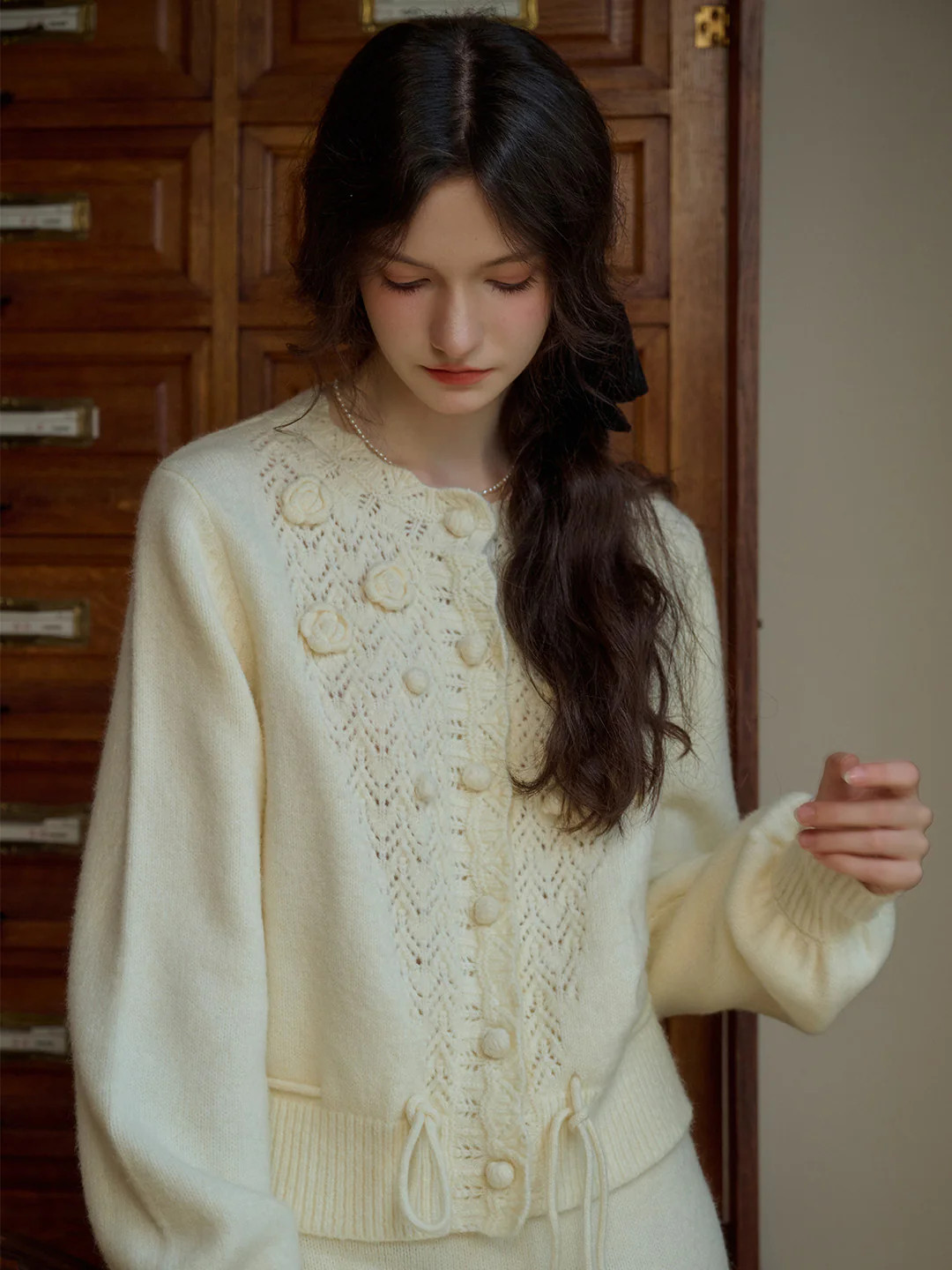 Monica Wave Collar Hollow 3D Crochet Flowers & Pompom Lace-Up Sweater Cardigan | SimpleRetro