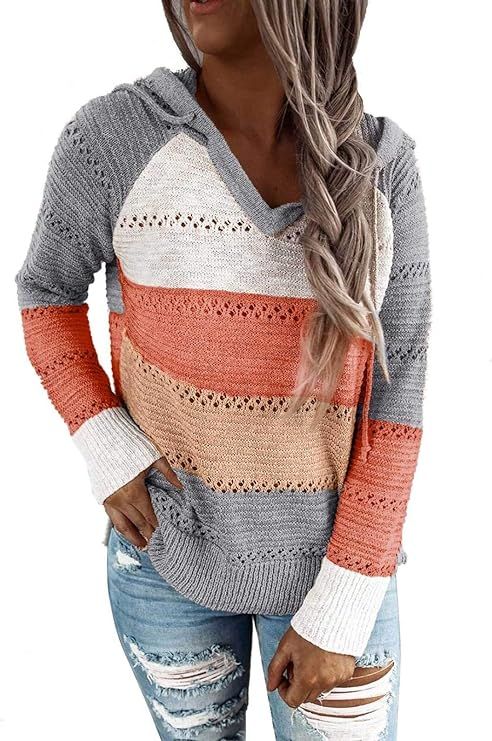 Biucly Women's Lightweight Color Block Knit Hoodies Sweaters Loose Long Sleeve V Neck Drawstring ... | Amazon (US)