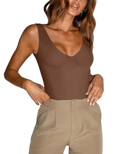REORIA Women's Summer Sexy Plunge Deep V Neck Sleeveless Double Lined One Piece Tank Tops Thong Bodysuits Leotards for Going Out Coffee Small | Amazon (US)