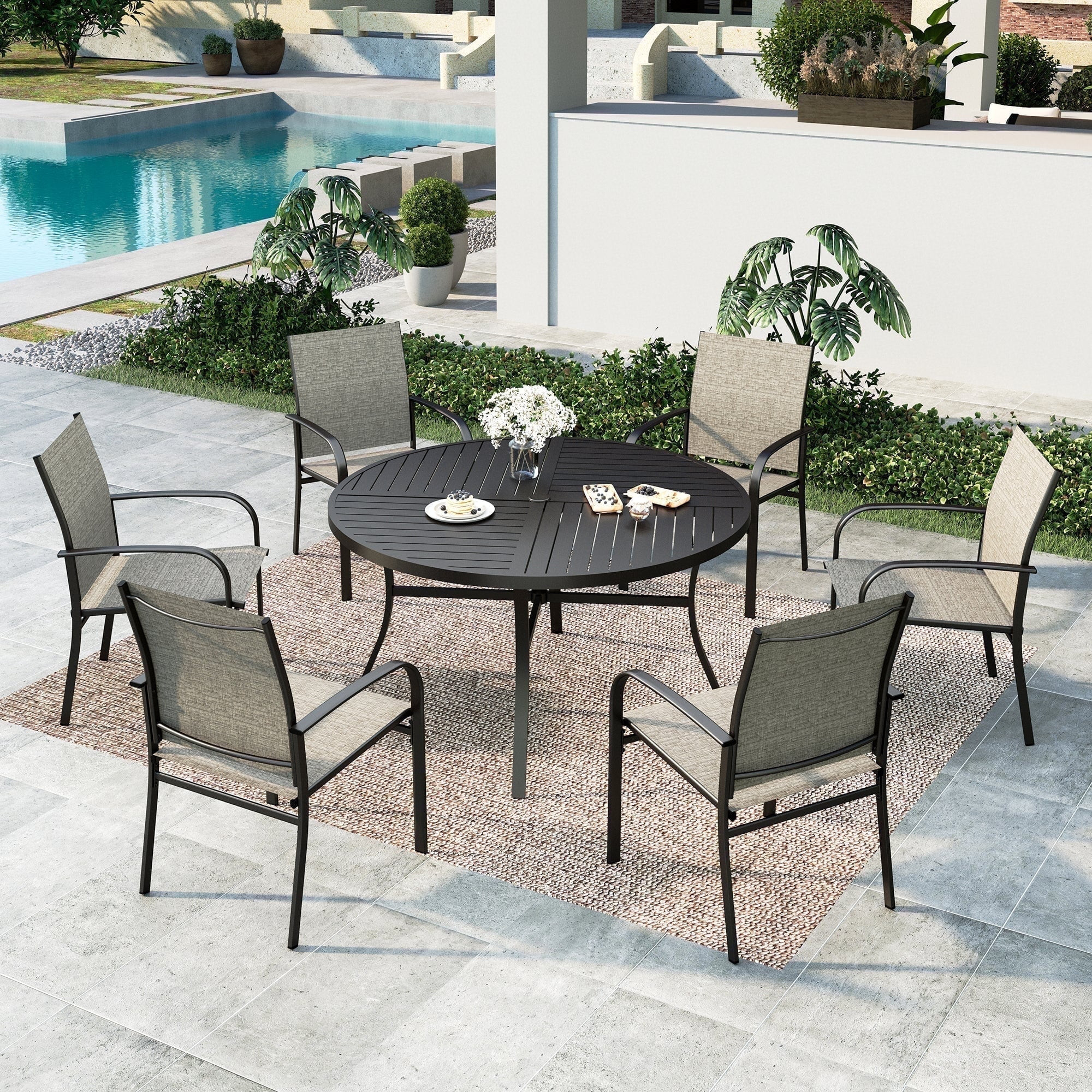 Summit Living 7-Piece Outdoor Patio Dining Set with 6 Pieces Textilene Chairs & Round Steel Table... | Walmart (US)