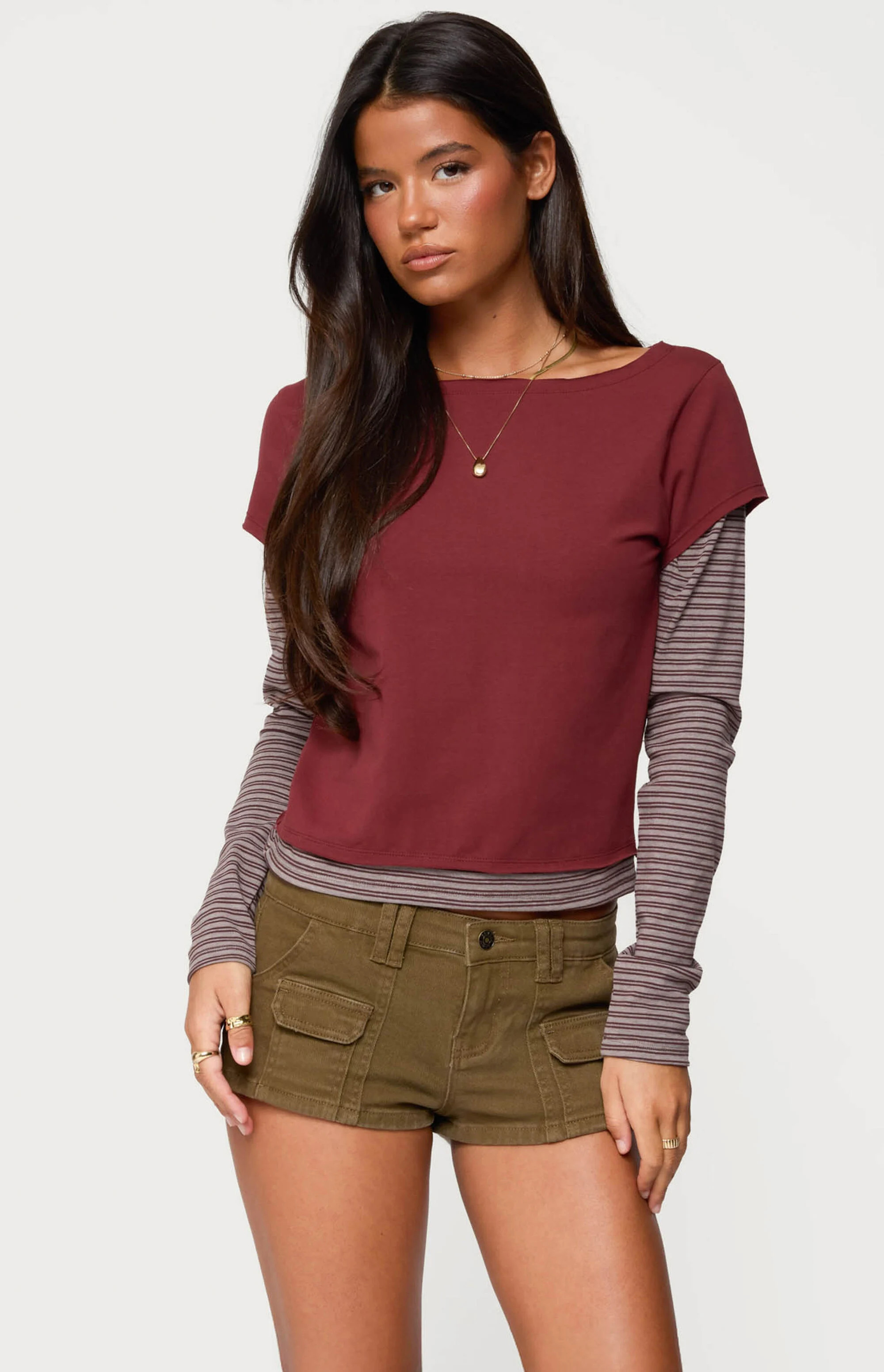 Edikted Women's Layered Stripey Long Sleeve T-Shirt in Burgundy - Size Large | PacSun