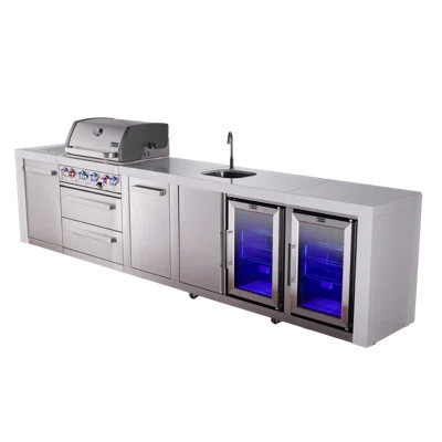 Mont Alpi Black Stainless Steel 145"w X 23"d X 46"h Modular Outdoor Kitchen Island With 2 Refrigerators + Faucet & Sink Combo + 32"w 4-burner Bbq Gas | Wayfair North America