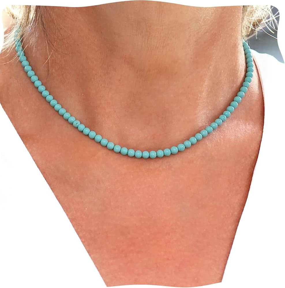 Turquoise Necklace for Women, 5 mm Round Beaded Choker for Handmade Jewelry, Summer Beach Necklac... | Amazon (US)