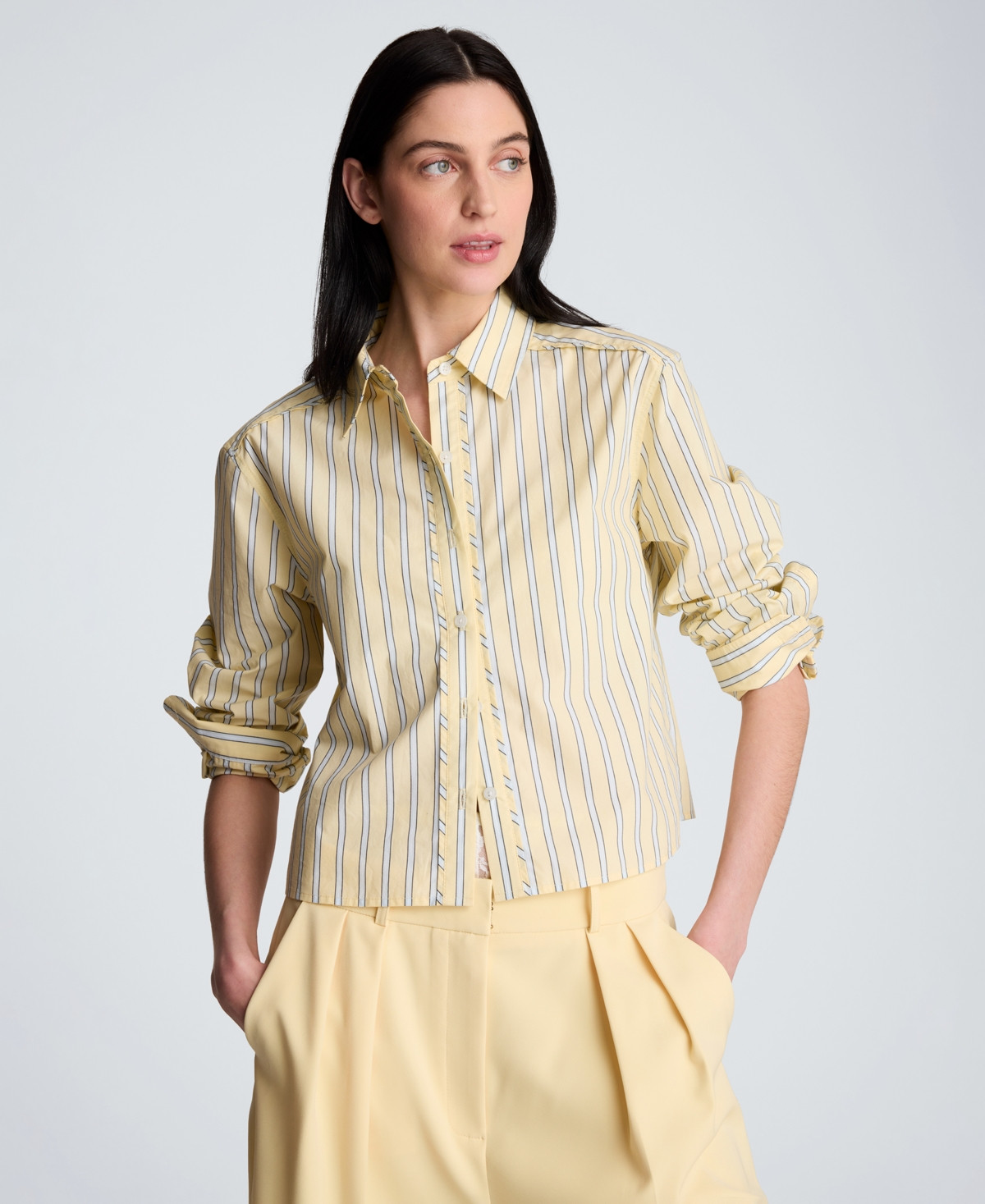 Kenneth Cole Women's Bias Piping Cropped Long-Sleeve Shirt - Pastel Yellow Multi | Macy's