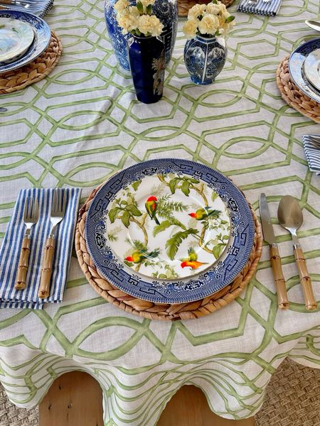 Tropical summer table setting, blue willow, natural placemats, bamboo flatware 

#LTKFindsUnder100 #LTKFindsUnder50 #LTKHome