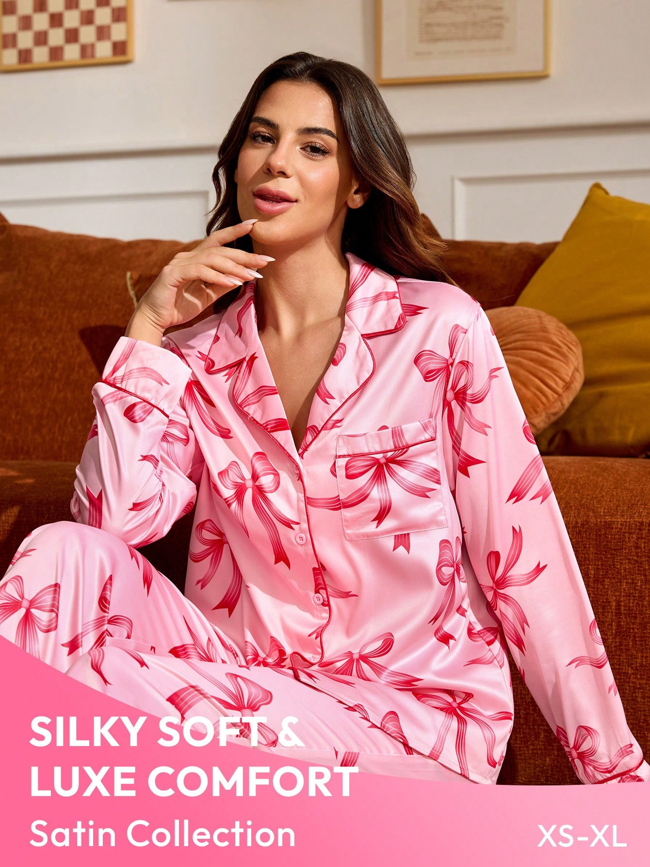 Taranthola Designer Women's Pink Bow Printed Satin Long Sleeve Shirt And Pants Christmas Pajama S... | SHEIN