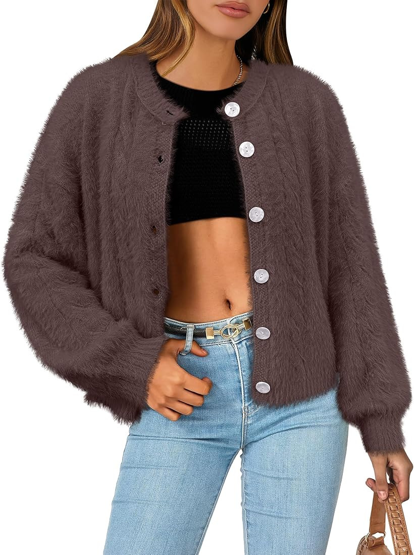 ANRABESS Women's Fuzzy Knit Cardigan Sweater Fluffy Warm Cropped Jackets Coat Cute Cozy 2024 Fall... | Amazon (US)