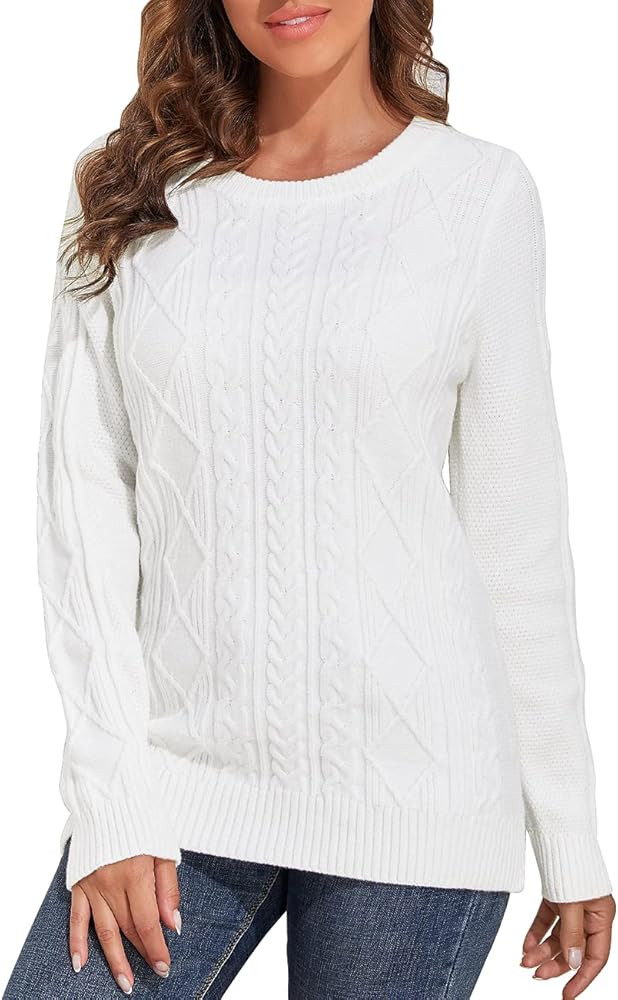 Women's Sweater Crewneck Cable Knit Long Sleeve Pullover Tops | Amazon (US)