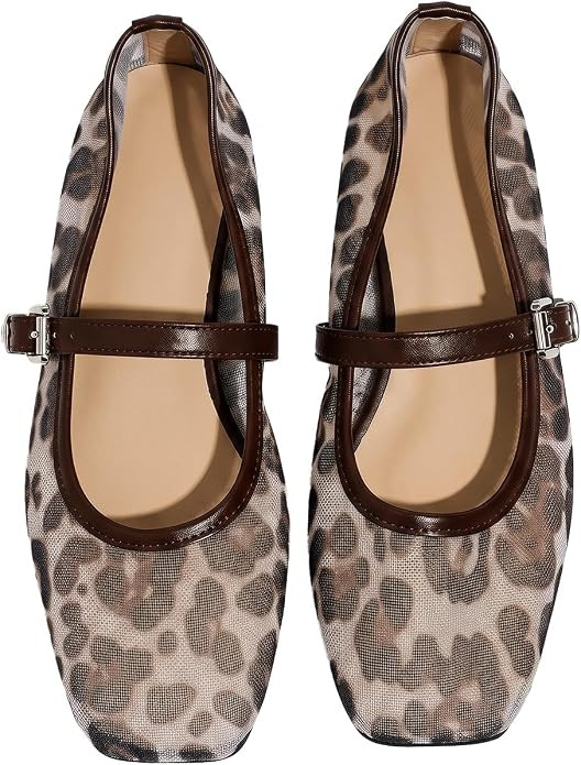 Milumia Leopard Mesh Ballet Flats for Women，Comfortable Dressy Square Closed Toe Maryjane Flat ... | Amazon (US)