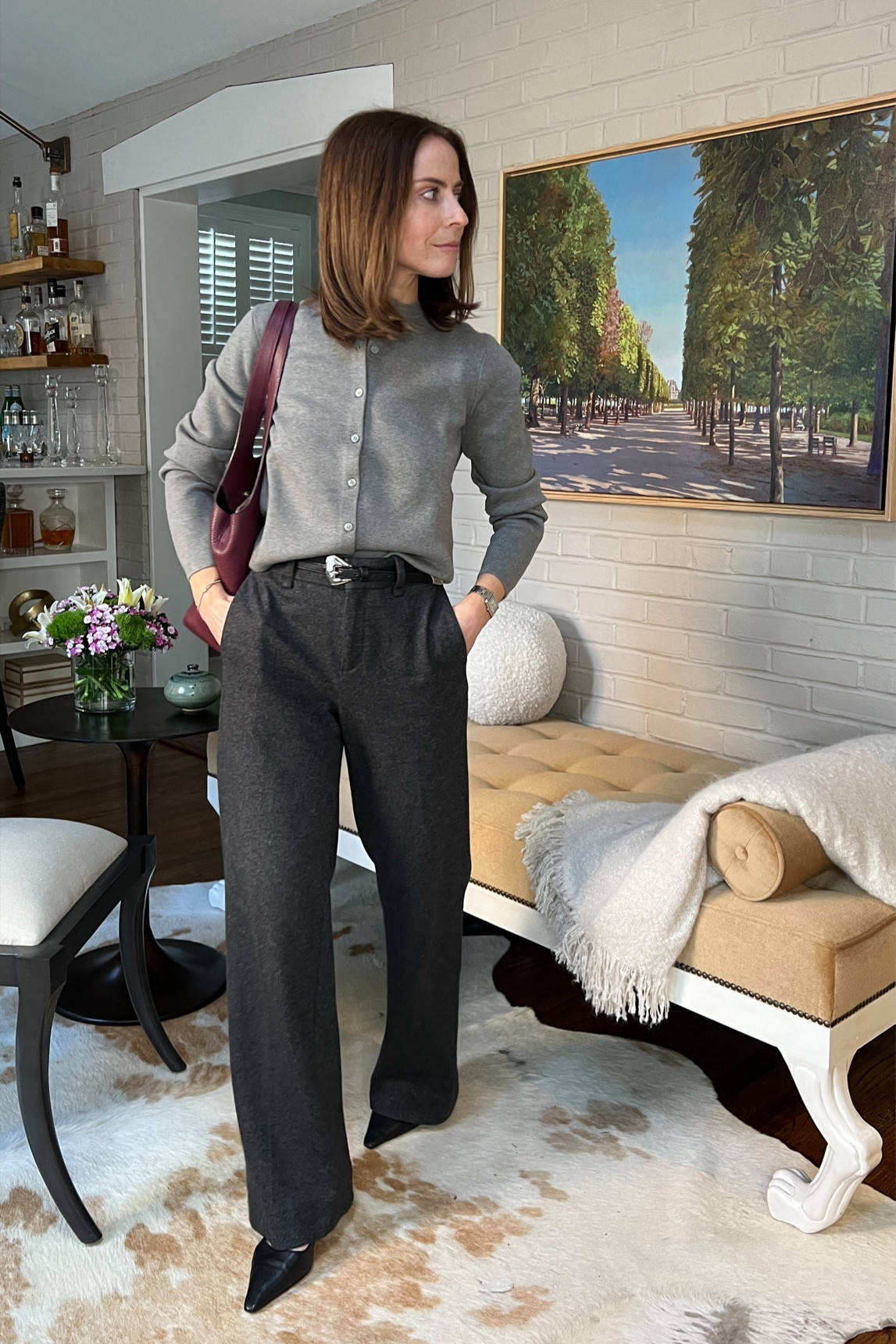 Office outfit to wear this week
Tonal grey
Grey cardigan jcrew
Grey wool blend wide leg pant, banana republic old
Black leather sling back heel, Sam Edelman 
Belt old Dehanche 

#LTKshoecrush #LTKstyletip #LTKworkwear