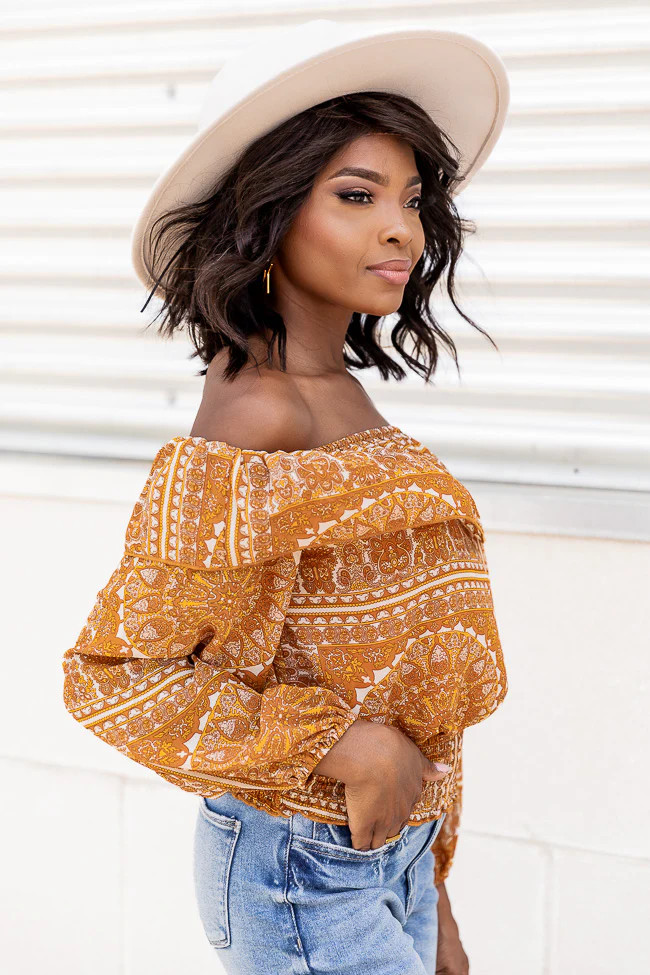 Unfamiliar Love Mustard Printed Off The Shoulder Blouse | Pink Lily