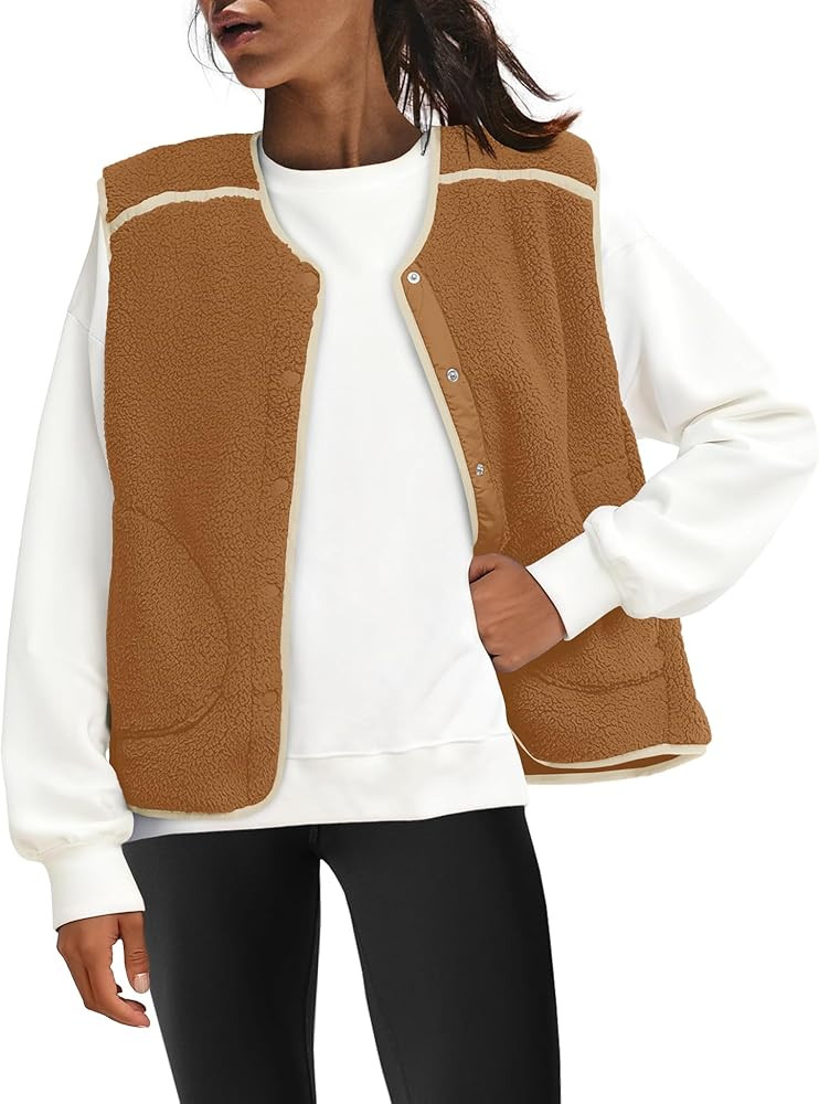 Panadila Womens Fuzzy Fleece Vest Oversized Sleeveless Sherpa Jacket Color Block Tops Button Down... | Amazon (US)