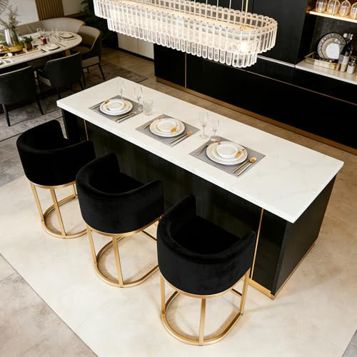 Styecofur Counter Height Bar Stools Set of 3, Black and Gold Bar Stools, 24" Modern Barrel Counter Stools with Backrest and Arms, Black Leather Upholstered & Metal Base, for Kitchen Island and Bar | Amazon (US)