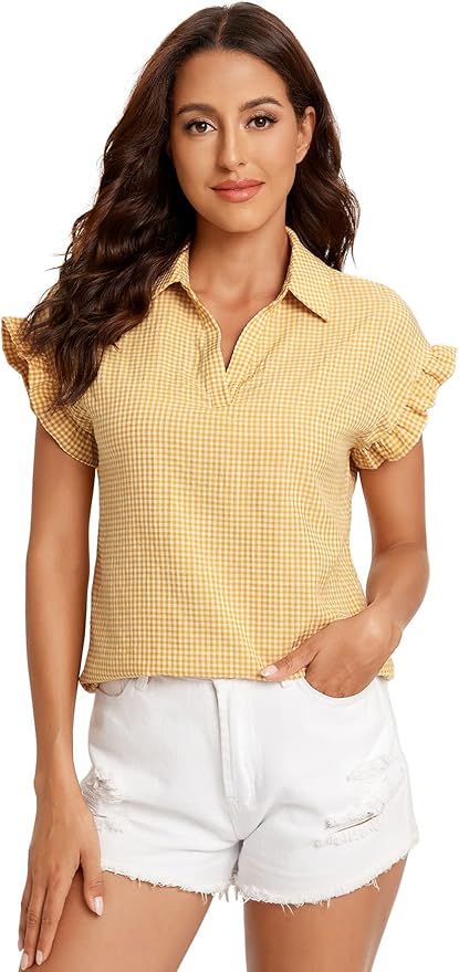 Milumia Women Plaid Notched Neck Collared Blouse Ruffle Short Sleeve Gingham Shirt Top | Amazon (US)