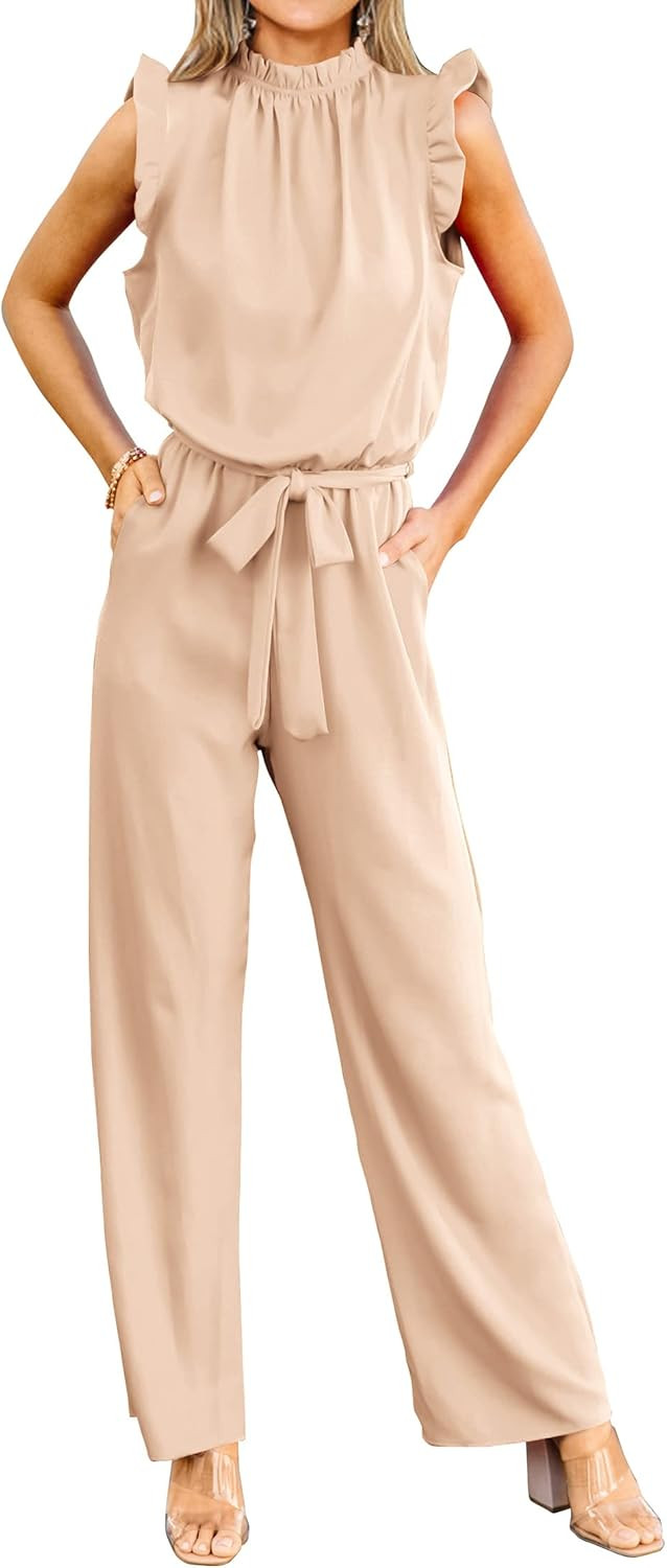 KIRUNDO Jumpsuits For Women Summer Dressy One Piece Sleeveless Ruffle Mock Neck Belt Pockets Form... | Amazon (US)