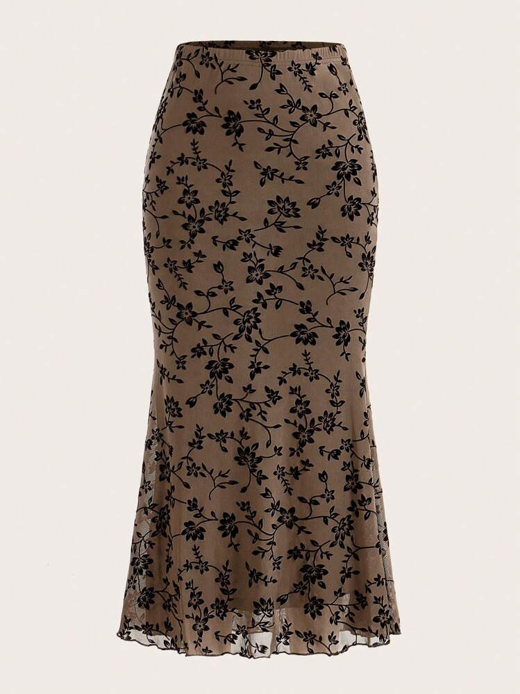 SHEIN EZwear Bloemenprint Zeemeermin zoom Doorschijnend Rokken | SHEIN