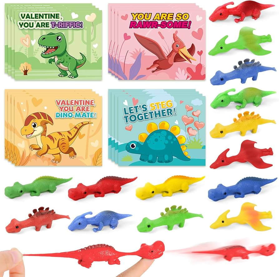 Shemira Valentines Day Cards for Kids, 32 Pack Slingshot Dinosaur Finger Fidget Toys with Valenti... | Amazon (US)