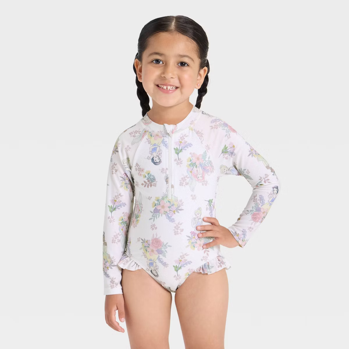 Toddler Girls' Disney Princess Long Sleeve Half Zip One Piece Rash Guard Swimsuit - Ivory | Target