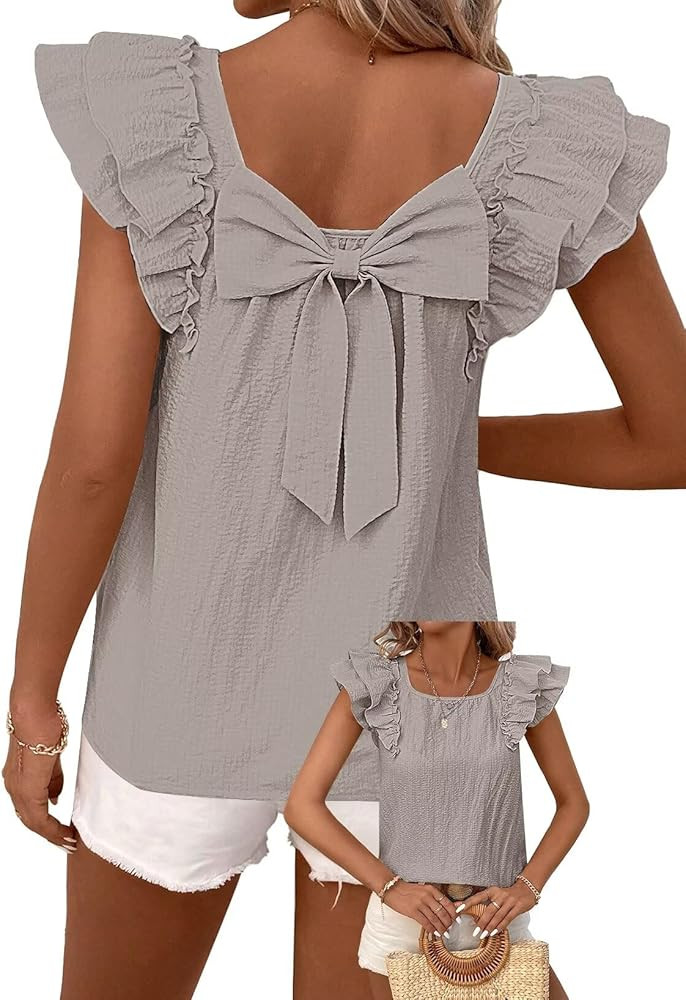 Womens Bow Tie Back Tops Round Neck Ruffle Short Sleeve Shirts Cute Babydoll Chiffon Tee Women Su... | Amazon (US)